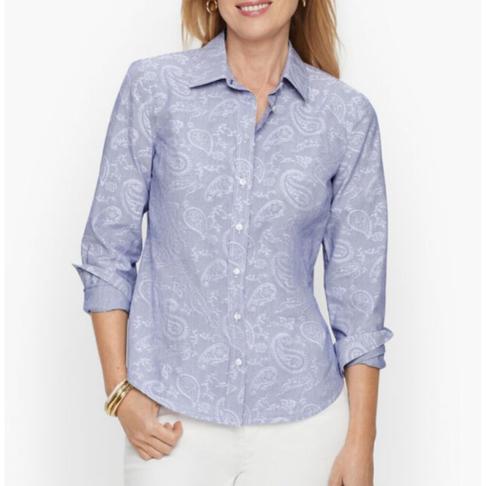 Talbots Cotton Button Front Shirt Striped Intricate Paisley in Blue White